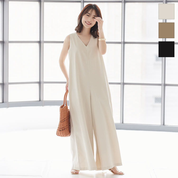 リネンタッチVネックオールインワン [E2837] レディース オールインワン ノースリーブ ロング丈 綿 麻 ストレート 大人 30代 40代 50代のサムネイル