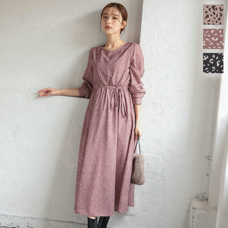 レオパード柄ウエストリボンワンピース [E2928] レディース ロング丈 長袖 大人可愛い 上品 黒 秋冬 レオパード ヒョウ柄 きれいめ フレア レイヤード ウエストゴム 秋 レイヤード ミモレ丈 30代 40代 50代【送料無料】のサムネイル