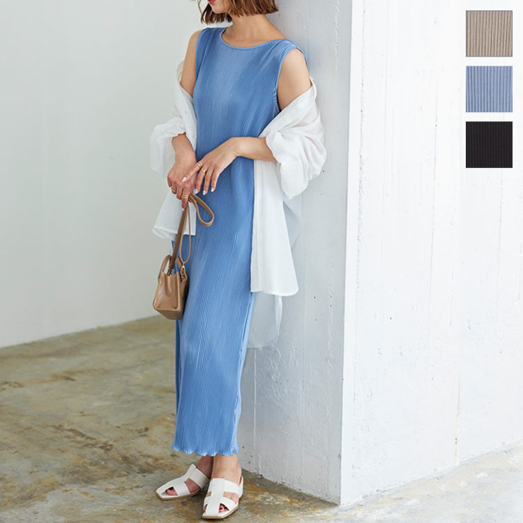 メロウプリーツワンピース [E3119] レディース ノースリーブ ロング丈 細プリーツ Iライン ゆったり 黒 夏 おしゃれ きれいめ 上品 デイリー リラックス おでかけ レイヤード 体型カバー ロングワンピース シンプル 着回し フェミニンのサムネイル