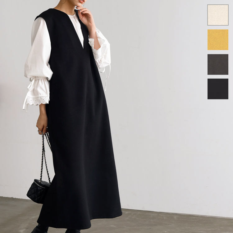 フェイクウール キーネック ジャンスカ ワンピース [E3192] レディース ジャンパースカート エプロンドレス サロペット サロペ ワンピ レイヤード ロング丈 ロングワンピース ポケット付き Iライン 高見え スタイルアップ バッグスリット【送料無料】 ママスーツのサムネイル