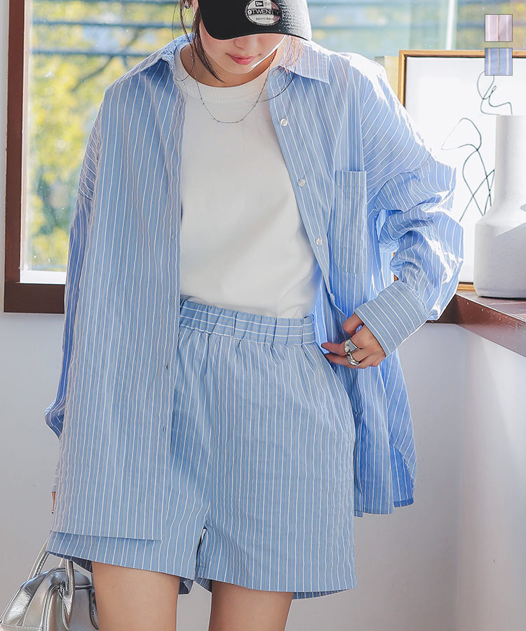 ストライプ シャツ セットアップ [E3474] レディース 20代 30代 40代 長袖 トップス ショート丈 ボトム パンツ ボーダー マルチストライプ オーバー ゆったり ポケット ボタン カフス 裏地 ショーパン メンズライク オーバーサイズ 大きめ 体型カバー ウエストゴム 春服のサムネイル