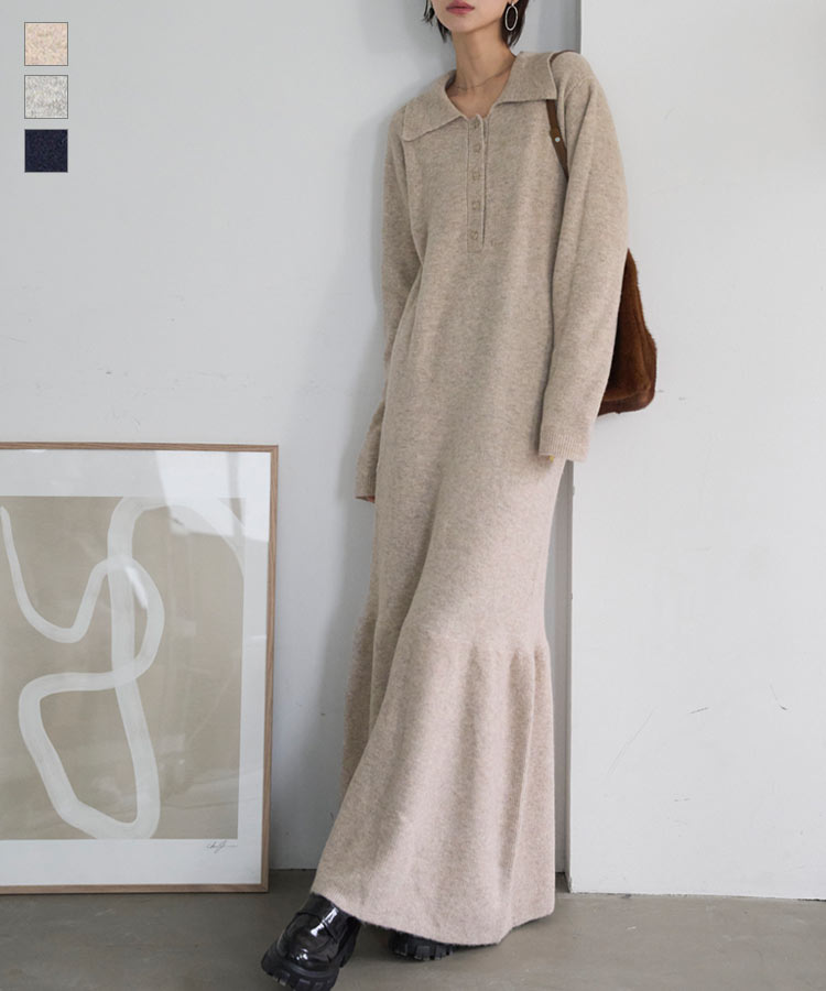 ≪1/3 24Hセール2490円 送料無料≫ ニット ワンピース ニットワンピ ポロニット [E3565] レディース 20代 30代 40代 長袖 マーメイド ポロ ロング丈 マキシ丈 マーメイドワンピース ニットワンピース セーター ポロワンピース 襟 衿 マキシワンピース 暖かい【送料無料】