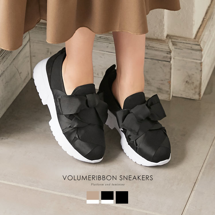 スニーカー レディース ボリュームリボンデザインスニーカー [I1999]【入荷済】 レディース シューズ 厚底 黒 ベージュ スリッポン リボン 靴 母の日 花以外