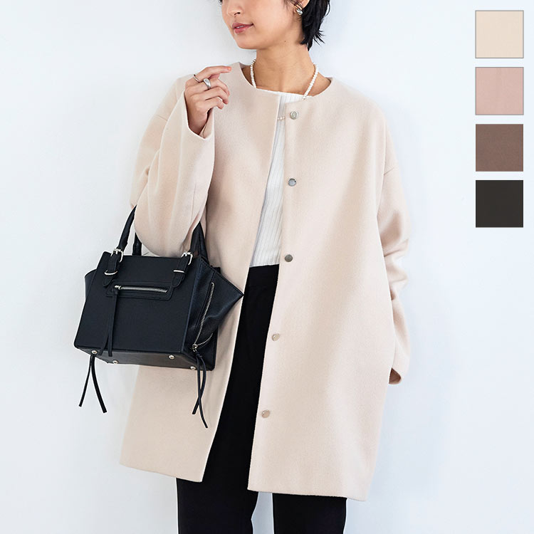 フェイクウールノーカラーショートコート [K1187] レディース アウター 羽織 起毛 暖か ショート丈 ブラック 黒 アイボリー ピンク 上品 オフィス オケージョン 結婚式 入学式 卒業式 入園式 卒園式 冠婚葬祭 忘年会 新年会 体型カバー お尻が隠れる 【送料無料】のサムネイル