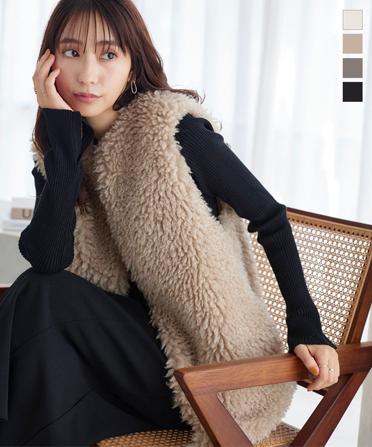 フェイクファー ロングベスト レディース ベスト ファーベスト アウター ノースリーブ ノースリ 長め 体型カバー お尻 ファー エコファー プードルファー ジ...