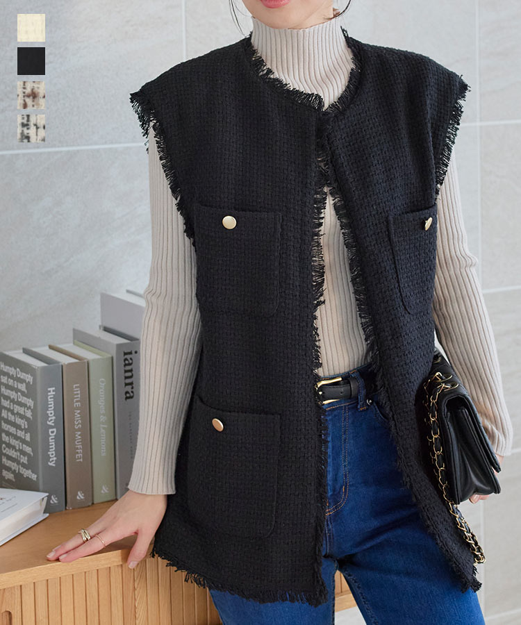 ≪1/24 新発売!!4990円 送料無料≫ ノーカラー ツイードベスト レディース ベスト ジレ ツイード セレモニー セレモニースーツ 羽織り 高見え 卒業式 入学式 卒園式入園式 30代 40代 50代 ママ 襟なし ラウンドネック 丸首 ツイードジレ 春 [K1276]【送料無料】のサムネイル