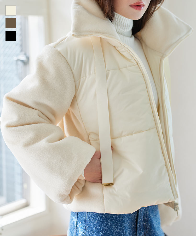 コート アウター ダウン 中綿 ブルゾン [K1393] レディース 中綿 ダウンコート 通勤 ミドル丈 冬コート 冬アウター 冬 防寒 スタンドカラー ハイネック ビッグカラー 異素材 キルティング リボン ダブルジップ 短丈 襟 華やか 上品 可愛い 大人女子 お出かけ 旅行 イベントのサムネイル