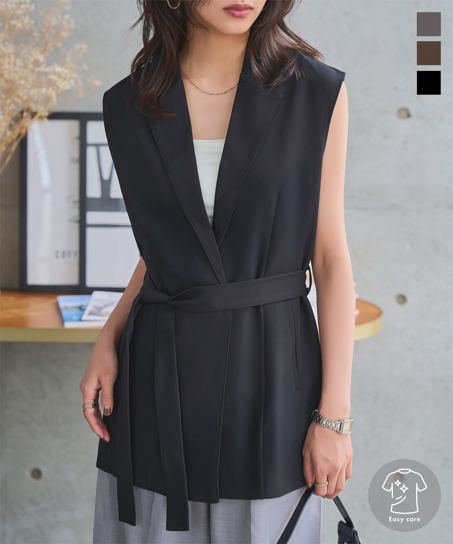 防シワ テーラード ジレ ベスト [K1395] レディース 20代 30代 40代 夏 秋 アウター 羽織り ノースリーブ ジャケット ウエストベルト イージーケア シワになりにくい K1329 体型カバー シンプル きれいめ オフィスカジュアル 仕事 通勤 ブラウン グレー ブラック 黒のサムネイル