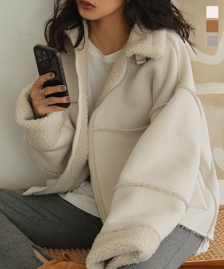 ≪12/2 新発売!!6990円 送料無料≫ コート アウター ムートン ボア ライダースコート [K1400] レディース 20代 30代 40代 ブルゾン 冬アウター ライダース ミドルコート 暖か 防寒 カジュアル トレンド 裏ボア ふわふわ ポケット付き 着回し 異素材 ハイネック【送料無料】のサムネイル