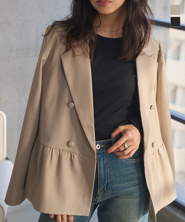 ジャケット アウター ペプラム [K1411] レディース 軽アウター 羽織り 裏地 ドット ドット柄 袖折り返し 20代 30代 40代 ダブルボタン テーラードジャケット 衿 襟 秋冬 重ね着 レイヤード オケージョン 学校行事 参観日 オフィス オフィスカジュアル 仕事着 OL お出かけのサムネイル