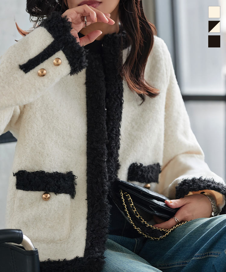 ≪11/21 24Hセール4590円 送料無料≫ ジャケット アウター ノーカラー [K1414] レディース 20代 30代 40代 軽アウター ショートコート ノーカラージャケット 配色 バイカラー ファートリム ボアトリム ポケット ゴールドボタン 羽織り 秋冬 レイヤード【送料無料】のサムネイル