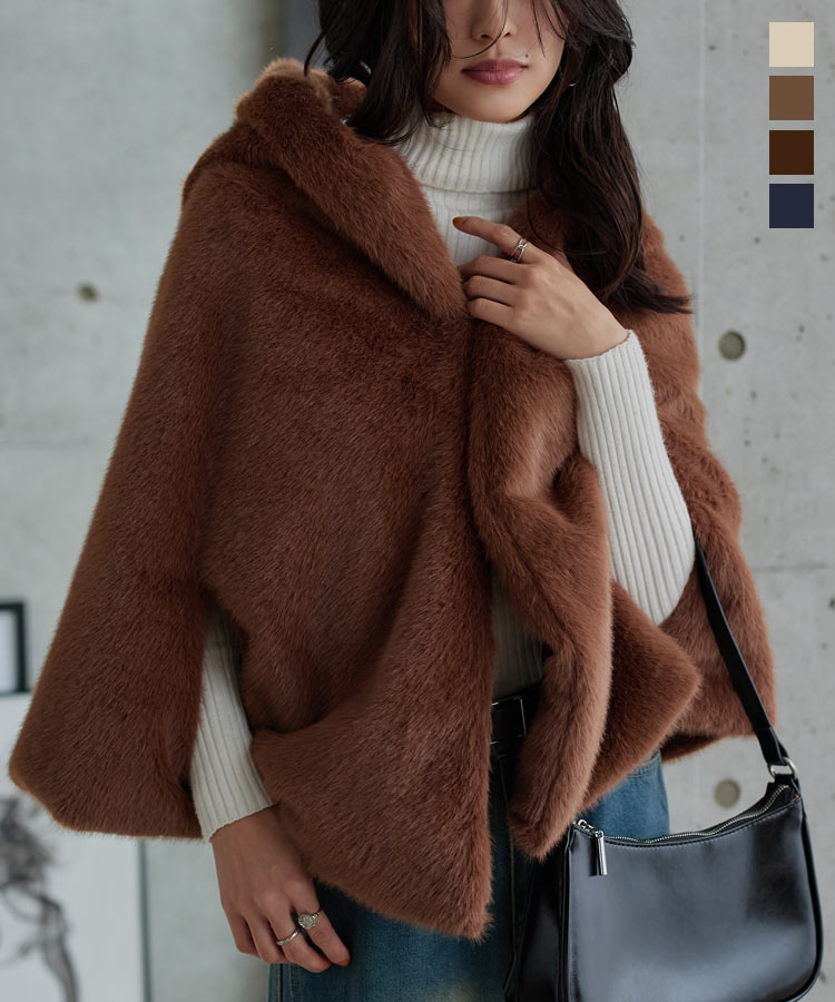 アウター ファー ケープ コート [K1415] レディース 防寒 寒さ対策 ファーコート ケープコート 羽織り 2タイプ 秋 冬 20代 30代 40代 冬コート マント フード パーカー フーディ ふわふわ フェイクファー 上品 軽アウター 【送料無料】のサムネイル