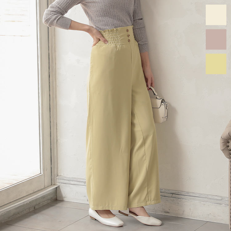 フロントボタンワイドパンツ [M2829] レディース ボトムス ズボン ハイウエスト ゆったり シャーリング 大人 春 ワイドパンツ きれいめ ガウチョパンツ ロング ロングパンツ おしゃれ ウエストゴム 無地 大人可愛い とろみ 裏地付き 30代 40代 50代のサムネイル