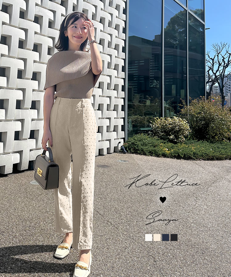 ≪4/14 新発売!!3490円≫ [ 水野佐彩 さんコラボ ] ドット ジャガード テーパードパンツ レディース パンツ プチ 低身長 さあや ボトム ボトムス テーパード ゴム 前開き ポケット オフィスカジュアル 会社 オフィス センタープレス センターシーム 春 夏 秋 30代 [M4007]のサムネイル