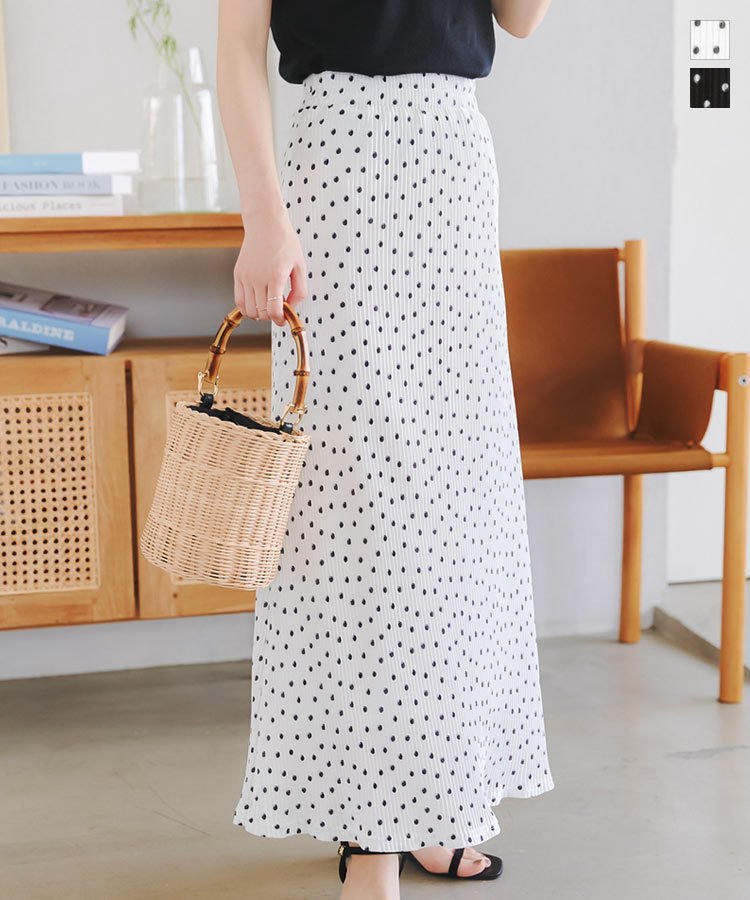 ≪5/17 新発売!!3490円 送料無料≫ ドットプリーツナロースカート [M4092] レディース 20代 30代 40代 ドット プリーツ ナロースカート プリーツスカート ロングスカート ミディ丈 ミディスカート ドットスカート ドット柄 ウエストゴム トレンド【送料無料】のサムネイル