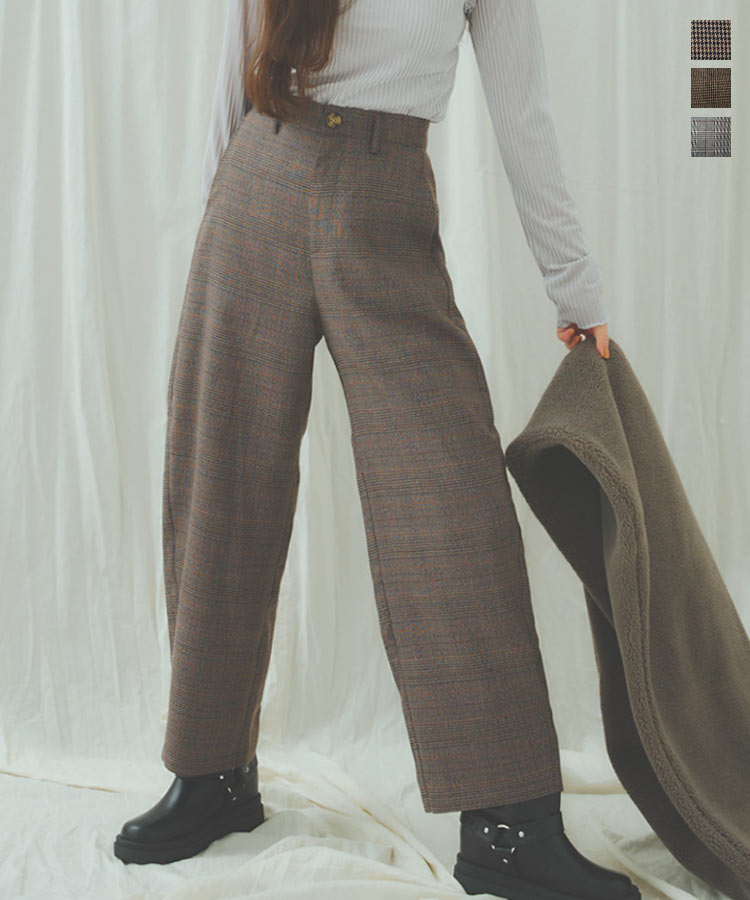 チェックカーブパンツ [M4126] レディース 20代 30代 40代 ボトムス パンツ ロング チェック カーブパンツ ワイドパンツ 柄 M トレンド 50代 おしゃれ ママ 母 コーデ コーディネート フロントボタン ポケット付きのサムネイル