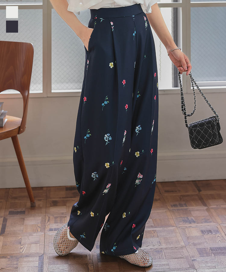 ≪6/3 新発売!!3990円 送料無料≫ パンツ ボトムス ワイドパンツ タックパンツ [M4225] レディース 20代 30代 40代 スラックス イージーパンツ ズボン ボトム 総柄 プリント 花柄 裏地 低身長 プチサイズ バックゴム 楽ちん ゆったり 体型カバー フリー 花柄【送料無料】のサムネイル