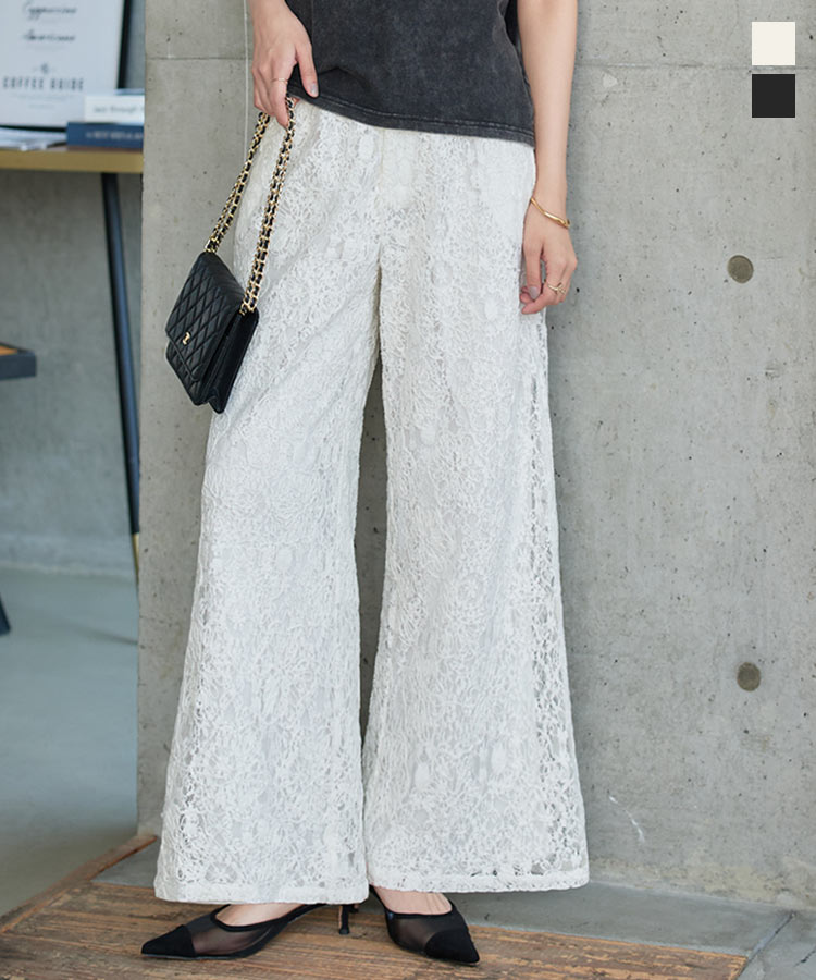 ≪8/27 24Hセール3590円 送料無料≫ ワイドパンツ レディース レース [M4254] 20代 30代 40代 ボトム パンツ ロング丈 ワイド ウエストゴム タック レースパンツ タックパンツ 低身長 裏地付き シアー コットン 綿レース 白 ゆったり 体型カバー 涼しい 夏【送料無料】のサムネイル