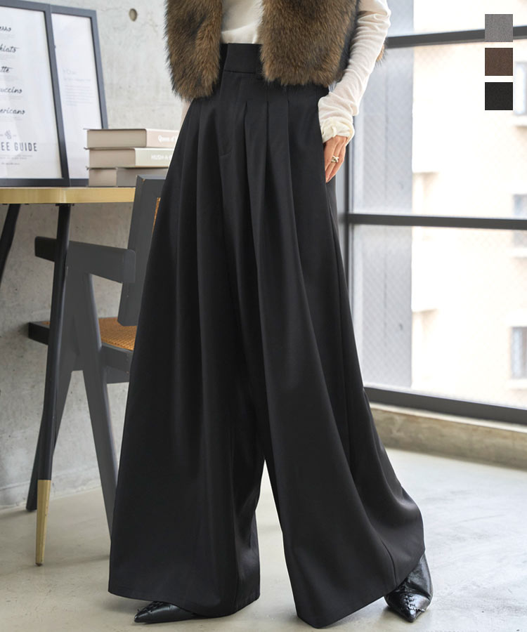 ≪11/20 24Hセール3890円 送料無料≫ パンツ ワイドパンツ ボトム レディース [M4307] 20代 30代 40代 ロング丈 ワイド タック ツイル ウエストタック スラックスパンツ ロング ロングパンツ スラックス グレー ブラウン 茶 黒 おしゃれ スタイルアップ 大人女子【送料無料】のサムネイル