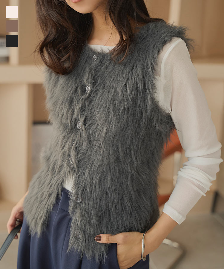 フェザー ベスト [N1211] レディース アウター ライトアウター ニットベスト ニット ジレ ノースリーブ クルーネック ロングフェザー フェザーベスト ファーベスト ファー 羽織り 前開き ショートベスト 20代 30代 40代 秋 冬 アイボリー ブラウン チャコール グレーのサムネイル