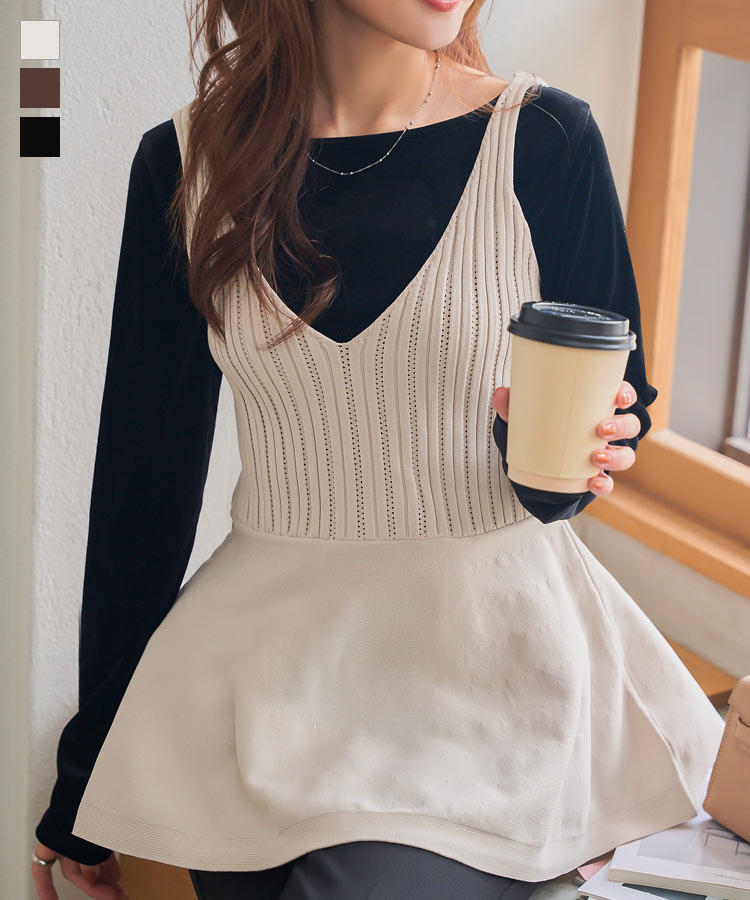 ≪11/19 24Hセール1990円 送料無料≫ ビスチェ ペプラム ニット トップス [N1220] レディース ニットトップス キャミソール フレア 綺麗め 大人 可愛い ウエスト切替 リブニット 重ね着 レイヤード 春 夏 秋 冬 軽い トレンド 体型カバー Vネック シーズンレス【送料無料】のサムネイル
