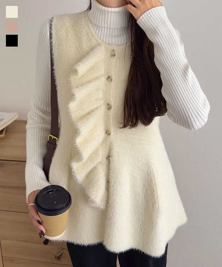 ≪11/11 24Hセール3590円 送料無料≫ ニットベスト レディース [N1226] トップス ベスト ニット 20代 30代 40代 秋 冬 ノースリーブ Vネック ふわふわ シャギーニット シャギー ペプラムトップス ペプラム フリル 前開き 羽織り 重ね着 レイヤード 体型カバー【送料無料】のサムネイル