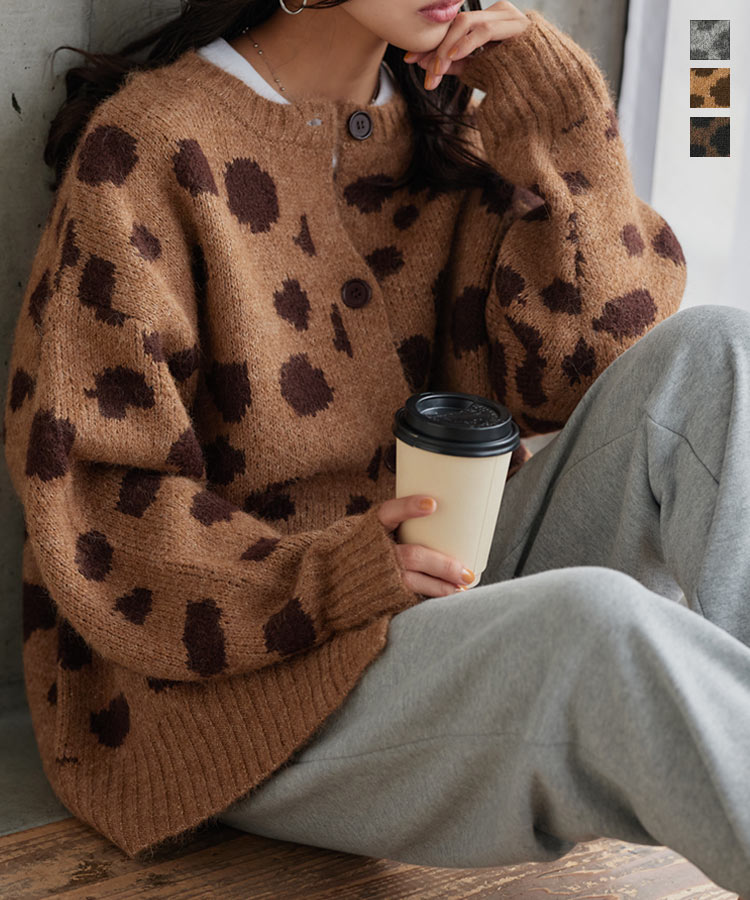 ≪11/14 24Hセール3890円 送料無料≫ ニット カーディガン カーデ レオパード [N1235] レディース 20代 30代 40代 セーター ニットカーデ ニットカーディガン 羽織り アウター 豹柄 ヒョウ柄 ロングカーデ クルーネック 可愛い カジュアル おしゃれ 防寒【送料無料】のサムネイル