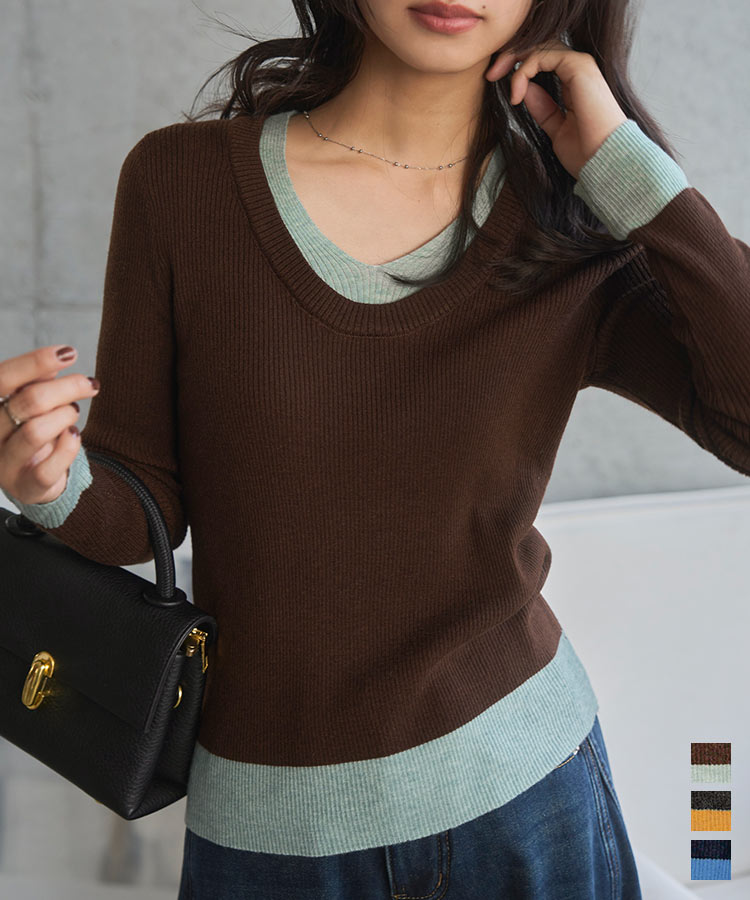 ≪11/11 新発売!!2990円 送料無料≫ ニット トップス 深Uネック [N1274] レディース Uネック 配色 バイカラー レイヤード風 細見え 華奢見え 長袖 深Uネックニット Uネックニット 骨スト 骨格ストレート 着痩せ C7316 C7665 春 秋 冬 シンプル おしゃれ 上品【送料無料】のサムネイル