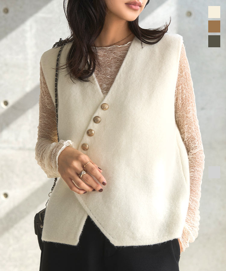 ニット ベスト ゴールドボタン ニットベスト [N1276] レディース N1243 ノースリ ノースリニット 羽織り 金ボタン ゴールドボタン もっちり 起毛 無地 キャメル ベージュ アイボリー ブラック 白 茶色 黒 上品 高見え 大人女子 レイヤード オフィスカジュアル お出かけ