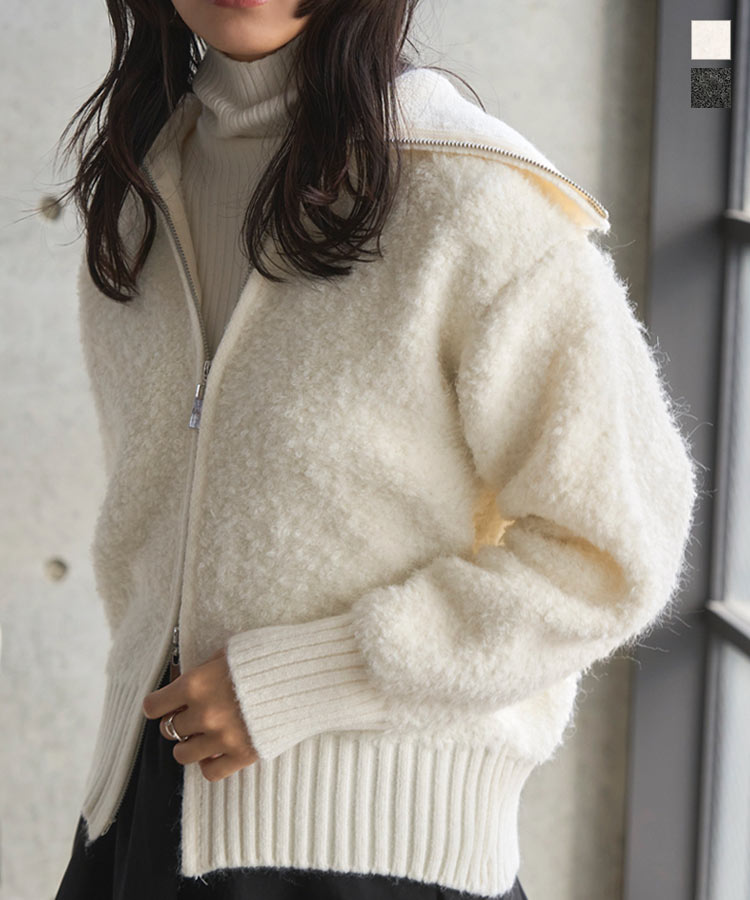 ≪11/23 新発売!!4590円 送料無料≫ ニット ブルゾン ニットブルゾン ジャケット [N1300] レディース 20代 30代 40代 カーディガン ニットジャケット ジップブルゾン ワイドカラー 冬カーデ セーラーカラー ニットブルゾン オフホワイト チャコール 大人可愛い【送料無料】のサムネイル