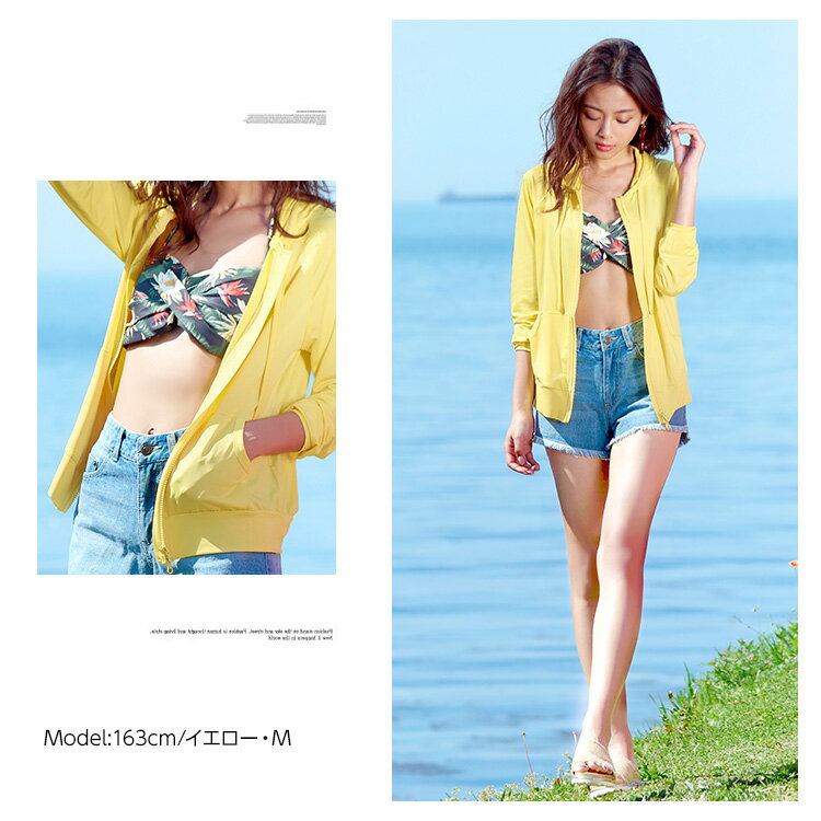 紫外線予防に必須！[M/L]ダブルジップ☆指抜き穴×フード付きストレッチラッシュガードパーカー/水着/ビキニ/レディース[S098]