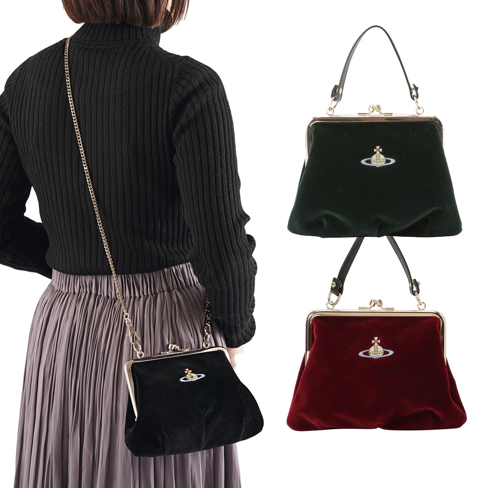 Vivienne Westwood ショルダーバッグ ヴィヴィアンウエストウッド GRANNY FRAME PURSE 鞄 がま口 チェーン 2way バッグ クラッチバッグ ベロア調