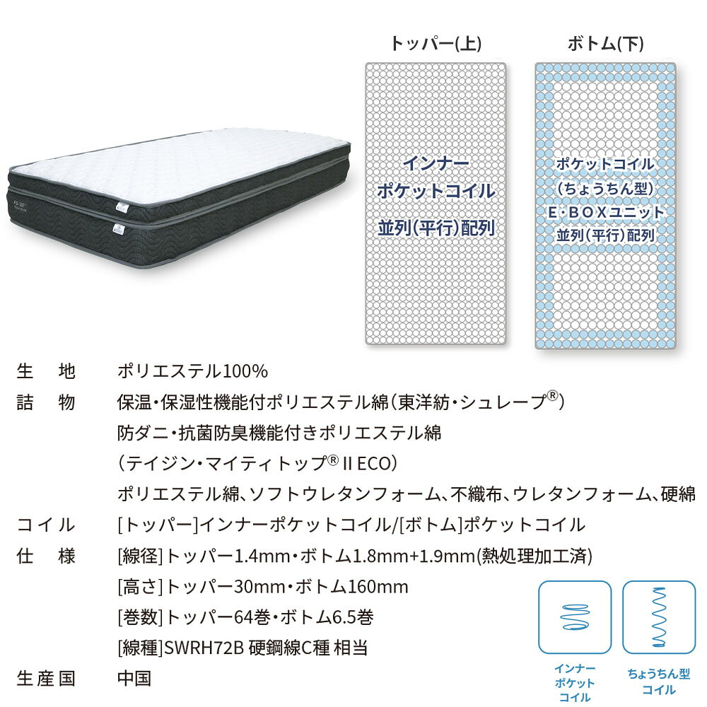 ポケットコイルマットレス セミダブル 並列ポケットコイルトッパー付ポケットコイル 高さ28cm 圧縮梱包 2個口 [3]
