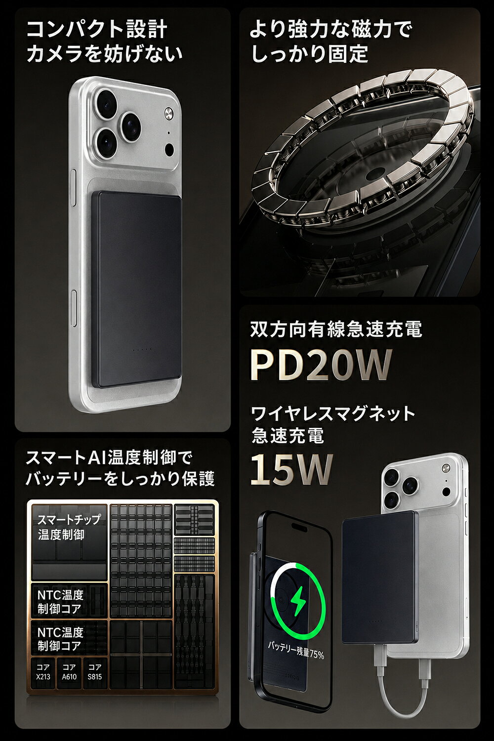 【マラソン限定★クーポン利用で15%OFF】【MOD】モバイルバッテリー 5000mAh MagSafe対応 マグセーフ ワイヤレス充電 15W 急速充電 Type-C USB-C 最大20W出力 マグネット式 薄型 軽量 小型 コンパクト iPhone対応 携帯充電器 磁気吸着 持ち運び mobilereaderplus-10000398 Mobile On Demand 楽天市場店 サンプル画像3