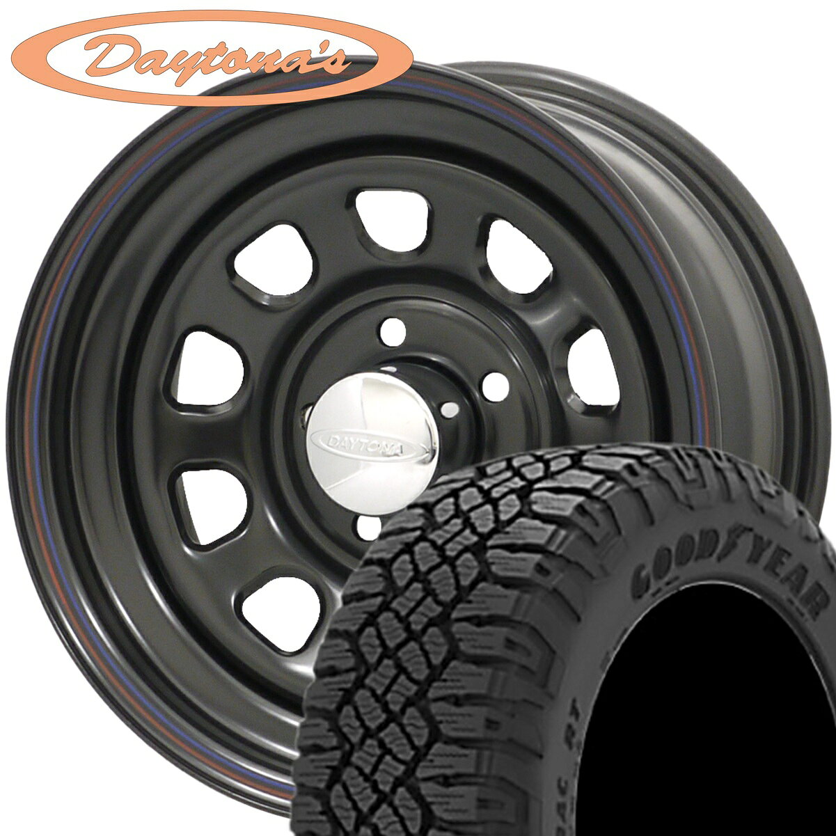 ★数量限定★MRT DAYTONASタイプG2 16x7.0 +33 5H/114.3 ブラック/赤青ラインx4本 ※2023年製 特価タイヤ GOODYEAR DURATRAC-RT 225/75R16