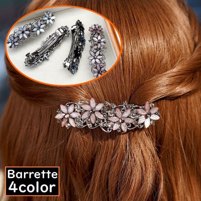 Rakuten - バレッタ レディース ヘアクリップ ヘアアクセサリー 髪飾り 髪留め 金属製 花 フラワー ラインストーン キラキラ まとめ髪