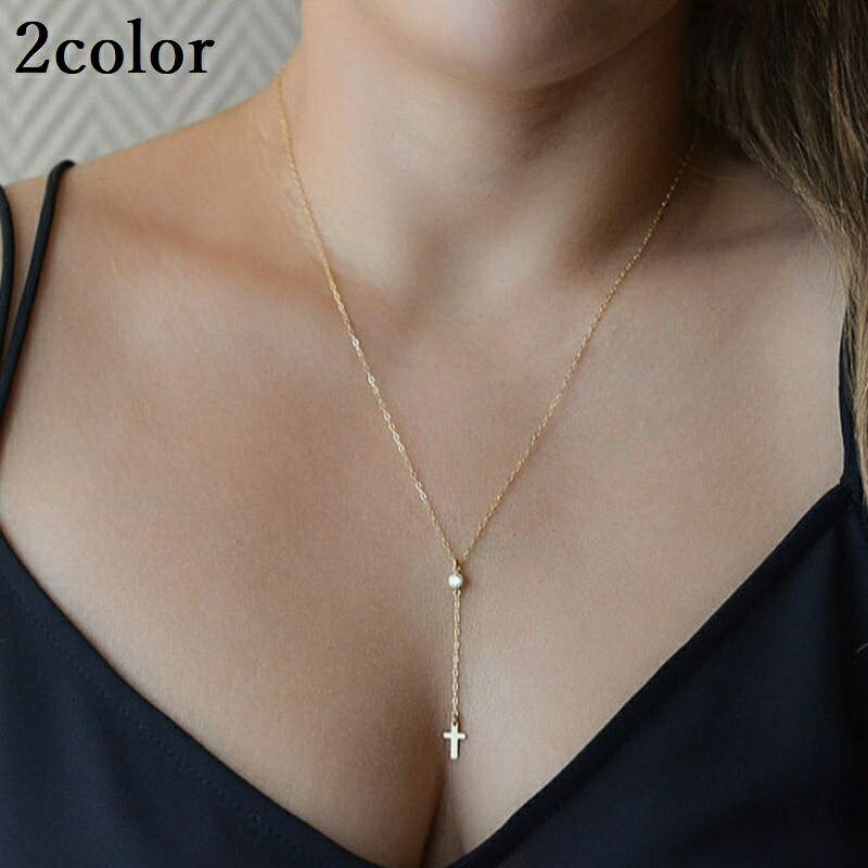 Pearl White - ネックレス ペンダント レディース アクセサリー チェーン クロス 十字架 ラインストーン ビジュー 揺れる 上品 華奢 きれいめ