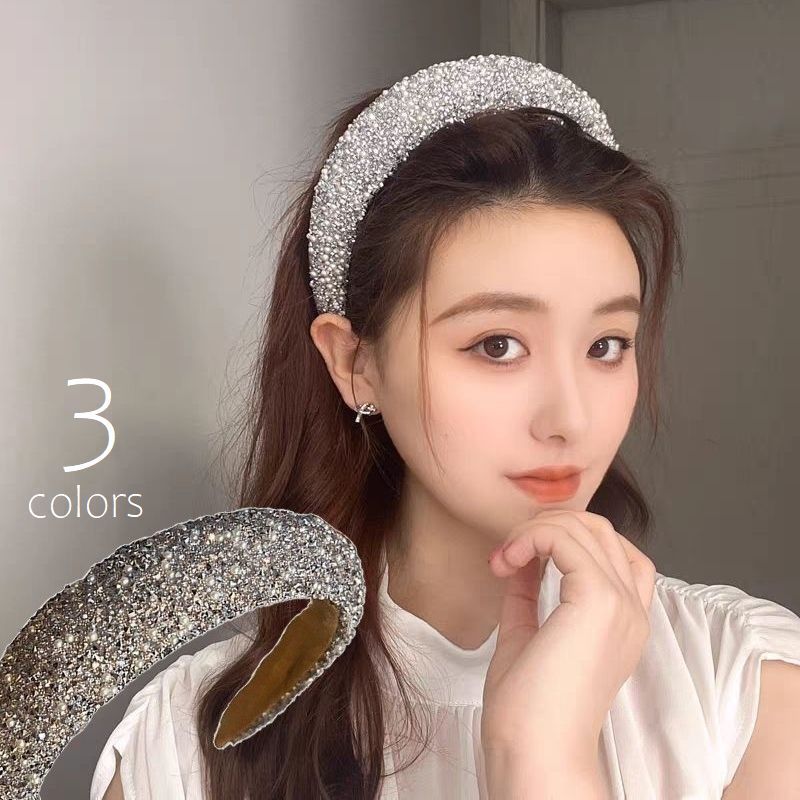 Rakuten - カチューシャ ヘアアクセサリー レディース 幅広 ワイド ヘアアレンジ キラキラ パール調 ビーズ 髪留め 髪飾り ヘアアクセント ブラック ホワイト グレー