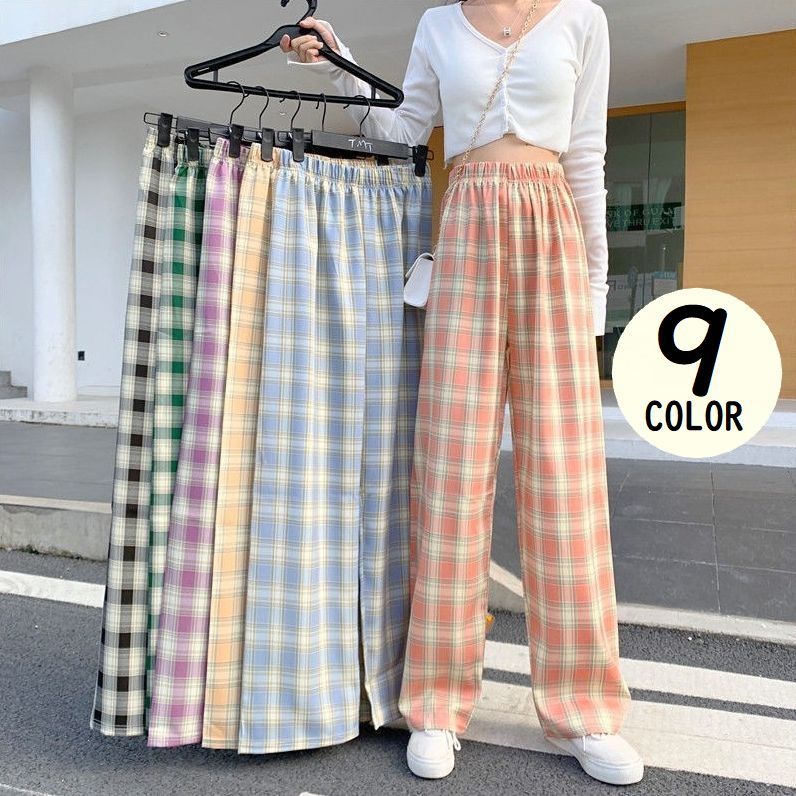 Rakuten - ワイドパンツ ロングパンツ レディース ゆったり 体型カバー ストレート ハイウエスト ウエストゴム 薄手 カジュアル チェック柄