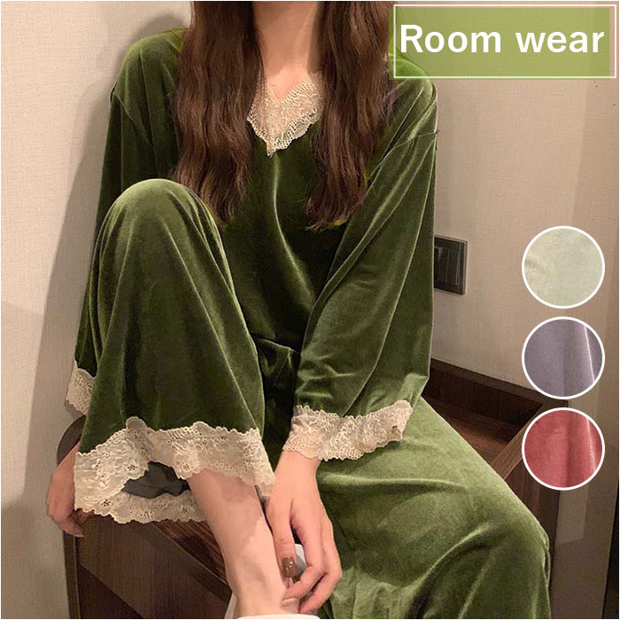 パジャマ レディース ベロア 長袖 ルームウェア 上下セット セットアップ 部屋着 楽天 ストレッチ 長ズボン レース付き ナイトウェア Vネック 厚手 寝巻き...