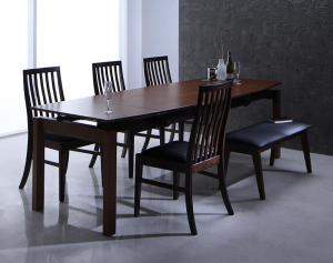 【テーブルカラー:ブラウン】【チェアカラー×ベンチカラー:ブラック×ブラック】ハイバックチェア ウォールナット材 スライド伸縮式ダイニング 6人 6点セット(テーブル+チェア4脚+ベンチ1脚) W140-240