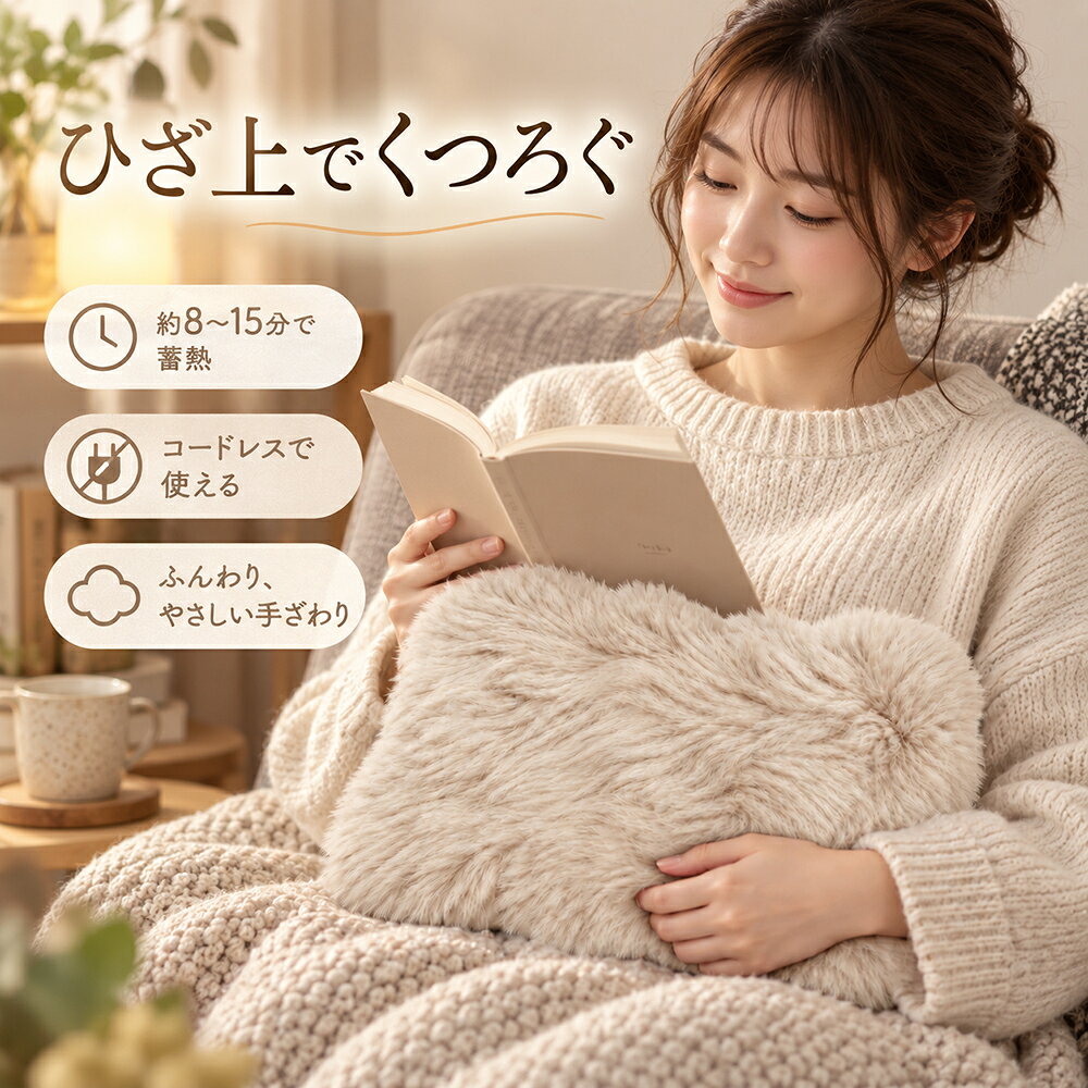 蓄熱式 電気湯たんぽ 約8～15分の蓄熱で、蓄熱後はコードレスで使用可能。 お湯の入れ替え不要で、繰り返し使える電気湯たんぽです。 ■ 主な特徴 ・蓄熱時間：約8～15分 ・保温時間の目安：約8～19時間 ・蓄熱後はコードレス ・蓄熱完了後に自動停止 ・消費電力：300W ・ふわふわ専用カバー付き ■ カラー クリーム / ブラウン / チャコール ■ 商品仕様 本体サイズ：約26×18.5cm カバーサイズ：約29×20×9cm 本体重量：約0.7kg 電源：AC100V 50/60Hz コード長：約69.5cm ■ セット内容 本体 / 専用カバー / 蓄熱コネクター / 取扱説明書 / 外箱 ※蓄熱時間・保温時間は使用環境や室温により異なります。 ※蓄熱中は使用しないでください。 ※蓄熱完了後は電源プラグと蓄熱コネクターを外してからご使用ください。 ※本体は水洗いできません。