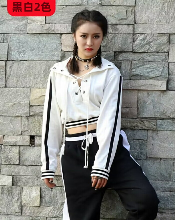 黒白2色 へそ出しパーカー レディースZUMBAウェア ヒップホップ ダンス衣装 hiphop ジャズ ショート丈 パーカー フード付き トレーナー 女性用 プルオーバー 長袖 春 秋服