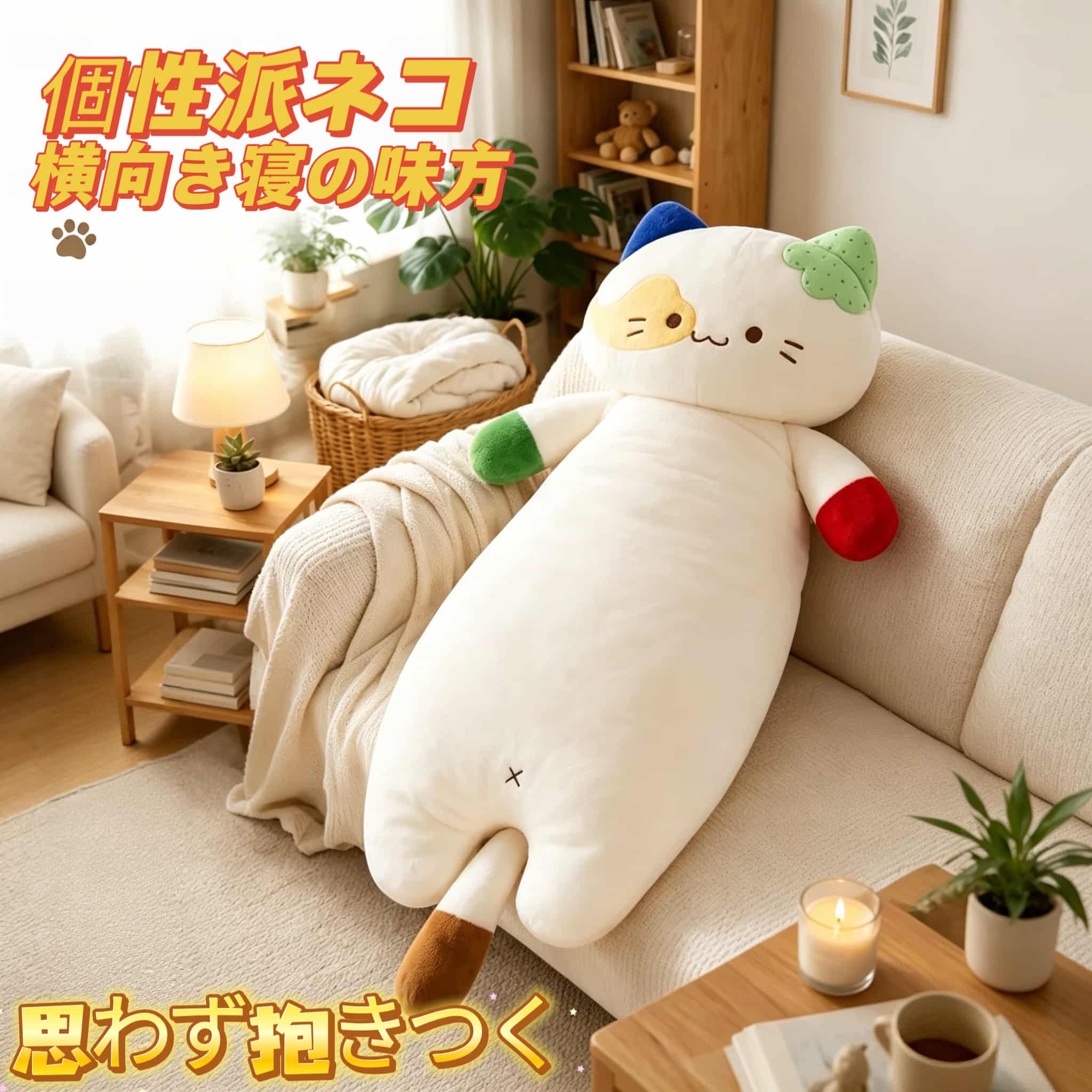 商品説明 忙しい毎日の終わりに、かわいいネコと一緒にゆっくり休みませんか？ 個性的な三花柄をイメージしたネコちゃんが、あなたを優しく包み込みます。 長さがあるロングサイズなので、横向き寝の時の足元までしっかりサポート。 枕元・ソファ・ベッド、どこに置いてもかわいい癒しのアイテムです。 ふわふわでもちもちの極上の肌触りは、思わず頬ずりしたくなる心地よさ。 お子様のお昼寝クッションや、大人のリラックスタイムにもぴったりです。