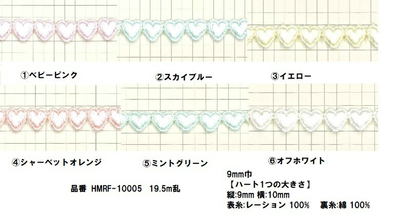 ポイント還元5倍対象商品 レーヨンケミカルレース ハート 9mm巾 全6色 パステルカラー/オフ白 19.5m巻 国産 手芸 カラーレース 可愛い レースブレード モチーフレース ハート柄 エンブロイダリーレース ハンドメイド