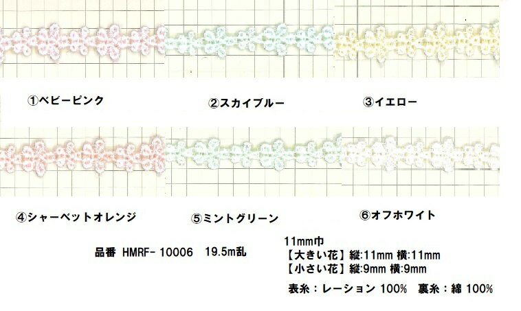 ポイント還元5倍対象商品 レーヨンケミカルレース フラワー 11mm巾 全6色 パステルカラー/オフ白 19.5m巻 国産 手芸 カラーレース 可愛い レースブレード モチーフレース ハート柄 エンブロイダリーレース ハンドメイド