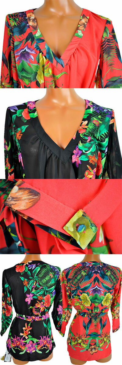 在庫一掃セール インポート チュニック/インポートチュニック イタリア インポート PRELUDE YFQ10 花柄カバーチュニック 黒系 赤系