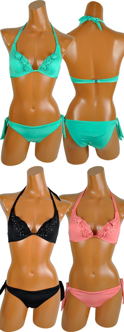 在庫一掃セール インポート水着 イタリア インポート 水着/ブランド水着 PRELUDE YF25 刺繍三角水着ビキニ ピーチ グリーン 黒