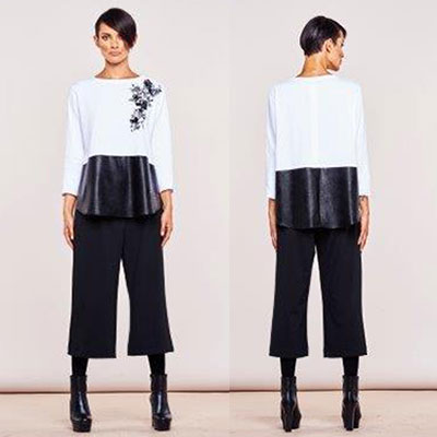 Rakuten - 在庫一掃セール イタリアインポートカットソー/インポート カットソー POIS THINK CHIC 刺しゅうエコレザー切替カットソー 白黒