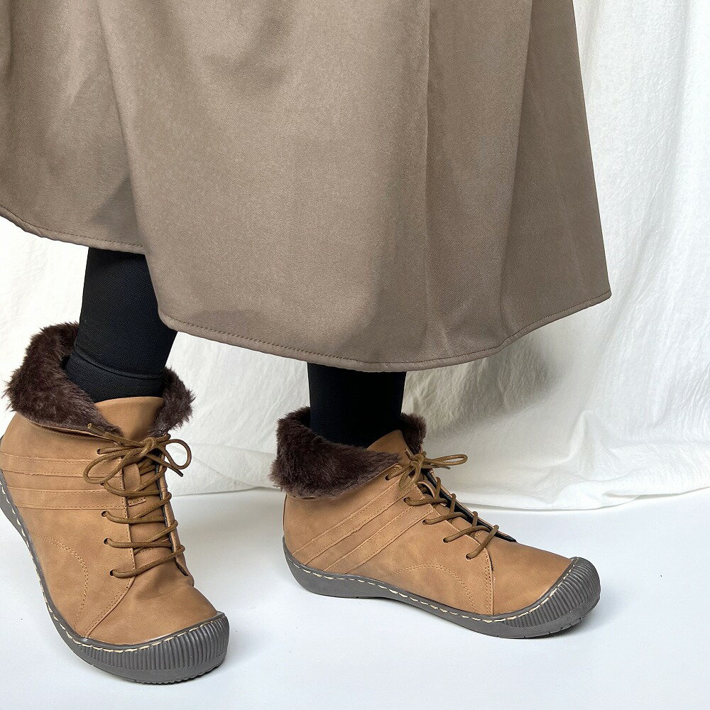 ファー付き あったか レディース ショートブーツ ｜スニーカー風 防寒ブーツ 3E幅広 軽量 歩きやすい ..